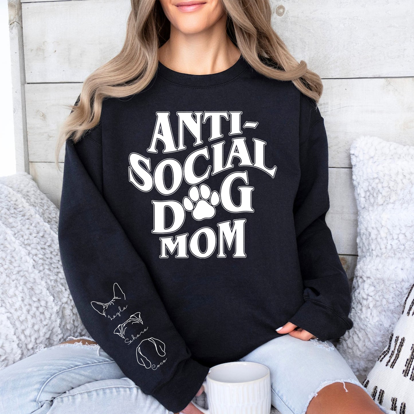 Custom Dog Ears Sweatshirt - Anti-social Dog Mom Sweater, Custom Dog Ear Sweatshirt; Dog Mom Sweater With Name