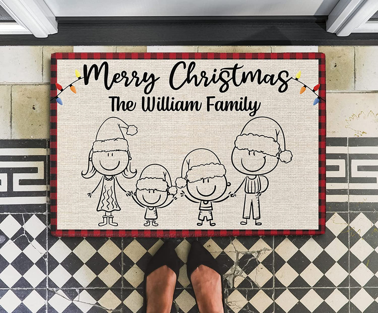 Personalized Christmas Doormat for Family - Custom Names Characters Non Slip Xmas Welcome Door Mat