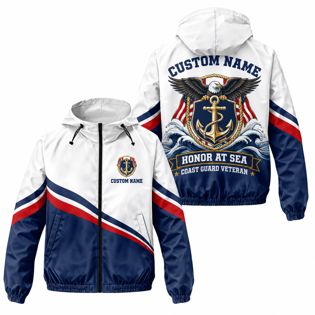 Custom Name Coast Guard Anchor Shield Veteran Running Windbreaker Jacket