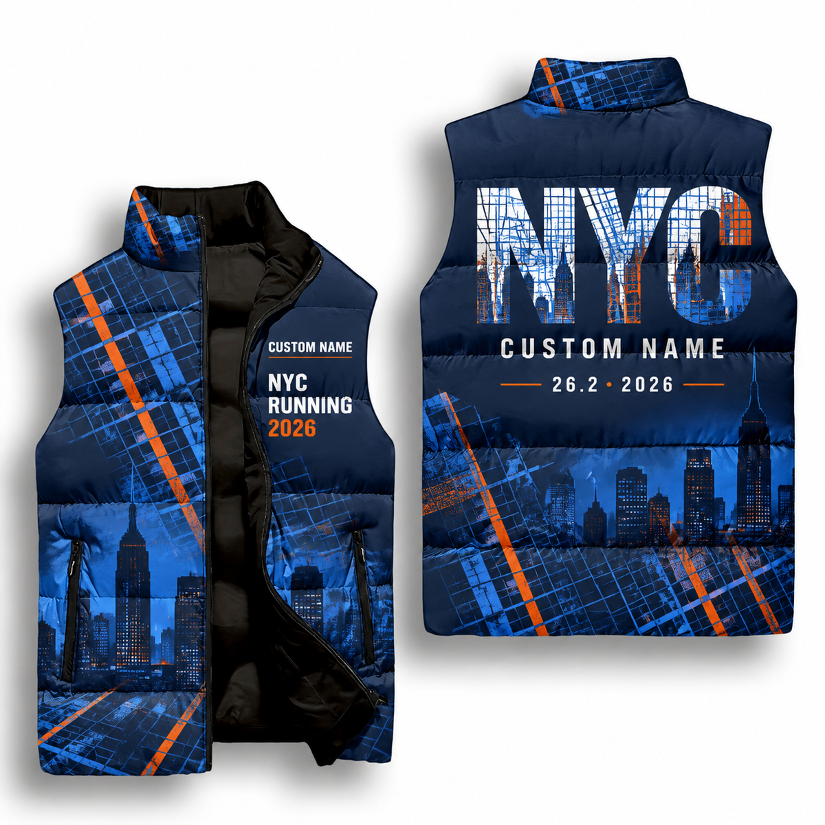Custom Name City Grid Runner Sleeveless Running Puffer Jacket