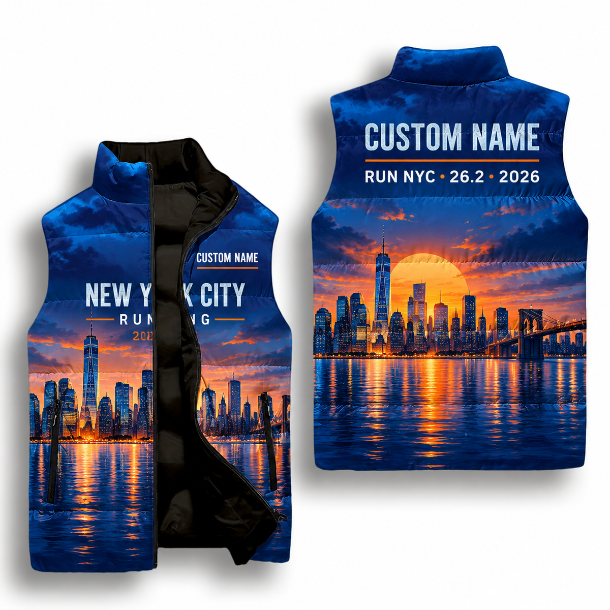 Custom Name Waterfront Reflection NYC Sleeveless Running Puffer Jacket