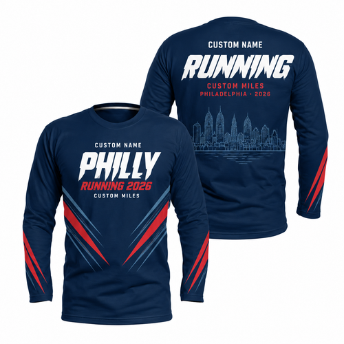 Custom Name Philly Racing Navy Red Running Long Sleeve Shirt