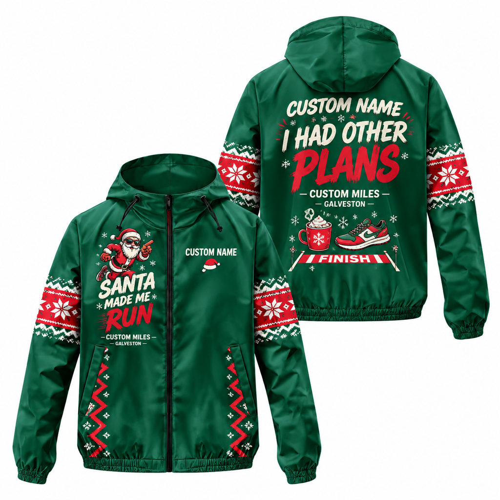 Custom Name Santa Made Me Run Santa Hustle Galveston Running Windbreaker Jacket