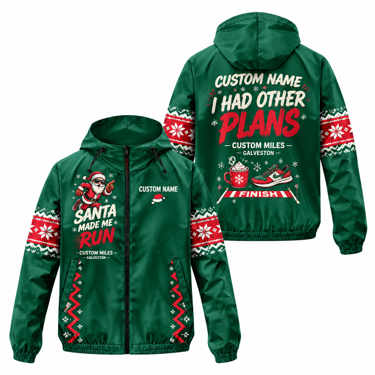 Custom Name Santa Made Me Run Santa Hustle Galveston Running Windbreaker Jacket