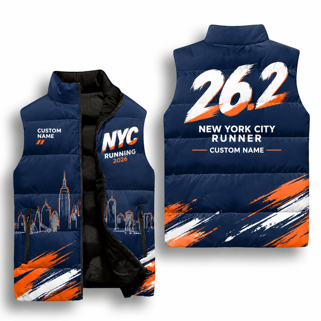 Custom Name Bold 26.2 NYC Sleeveless Running Puffer Jacket