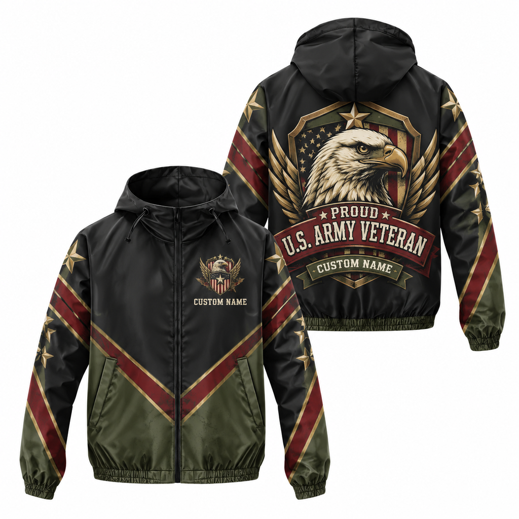 Custom Name Army Eagle Shield Veteran Running Windbreaker Jacket