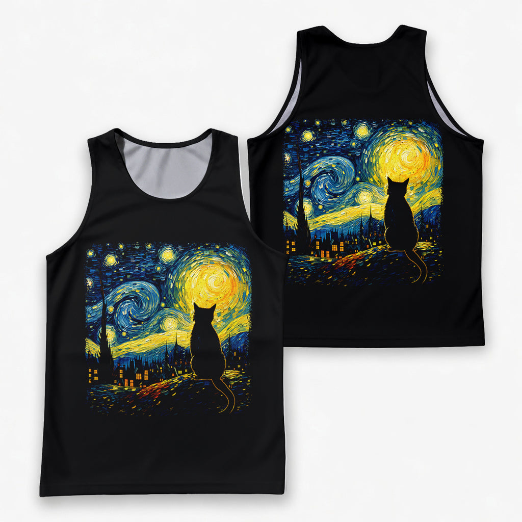 Cat Running Tank Top Starry Night Cat Running Singlet for Men and Women