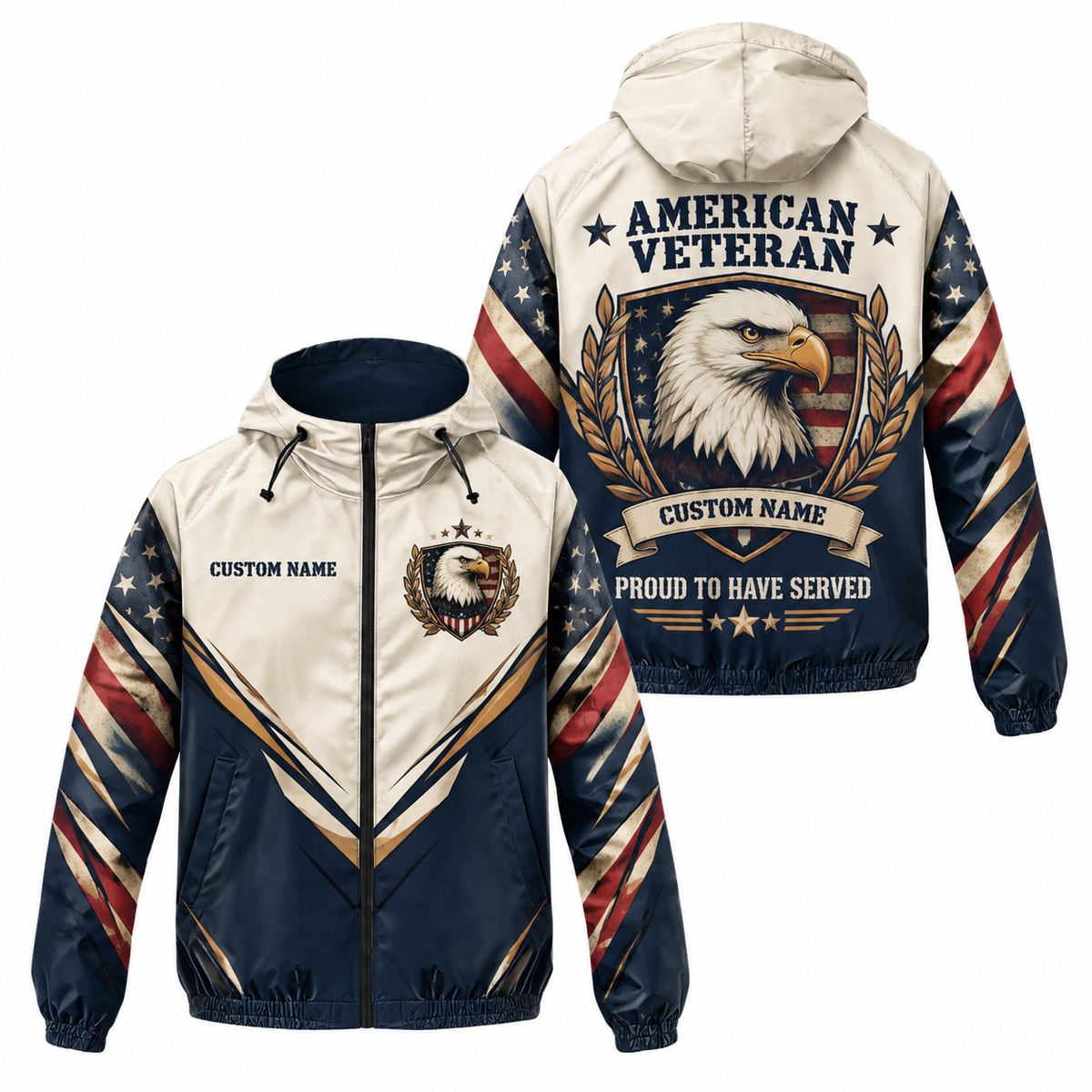 Custom Name American Veteran Eagle Crest Running Windbreaker Jacket