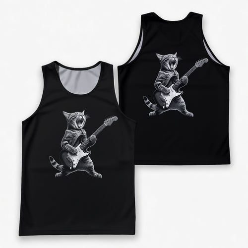 Cat Running Tank Top Rockstar Cat Running Singlet for Men and Women