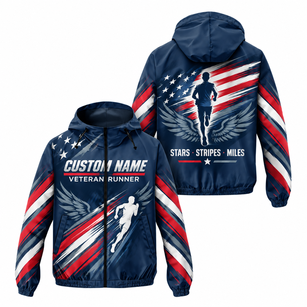 Custom Name Stars Stripes Veteran Runner Running Windbreaker Jacket