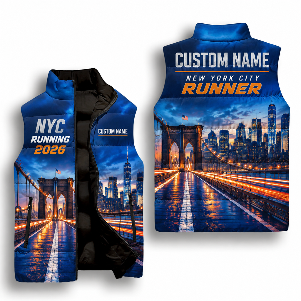Custom Name Brooklyn Bridge Motion Sleeveless Running Puffer Jacket