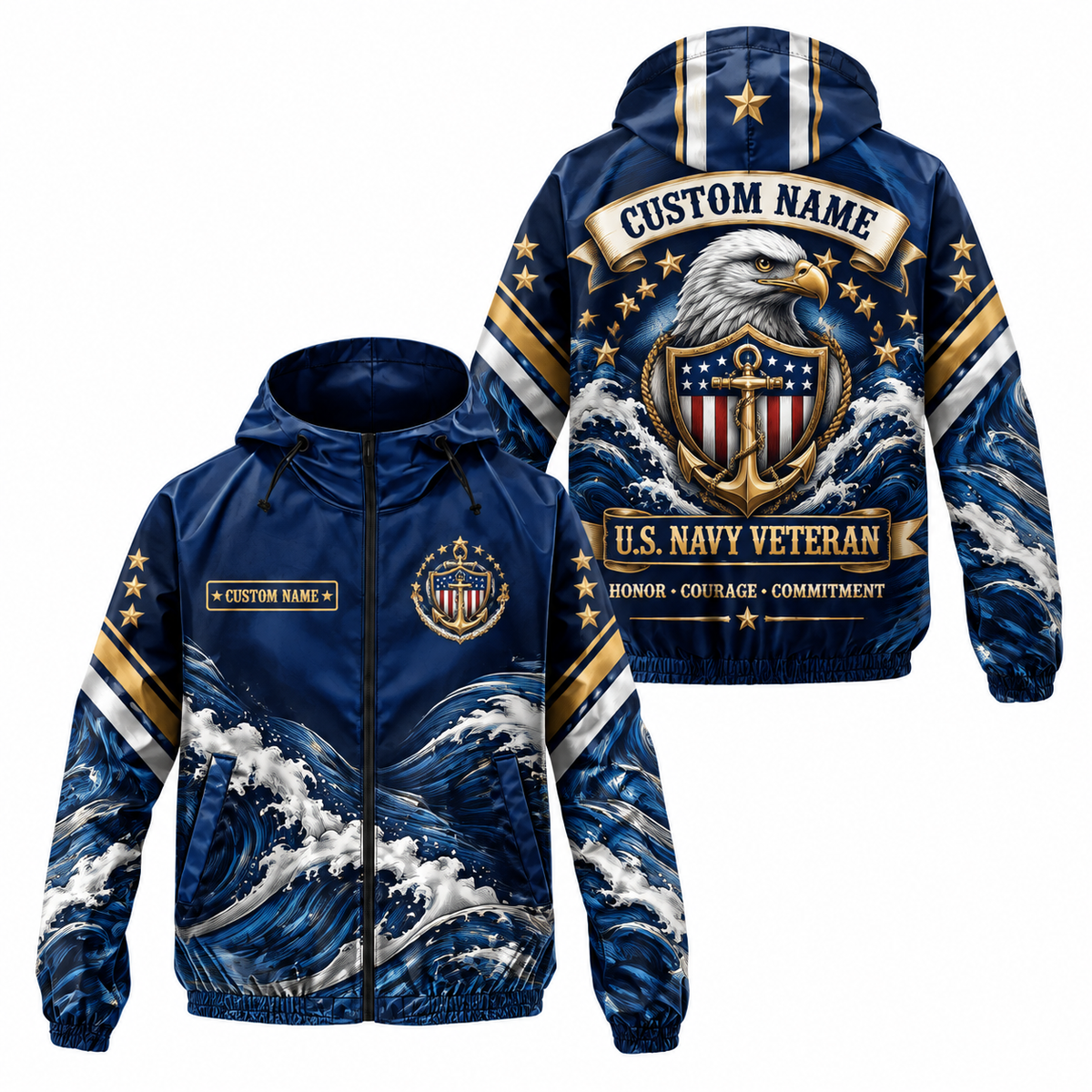 Custom Name Navy Honor Courage Commitment Running Windbreaker Jacket