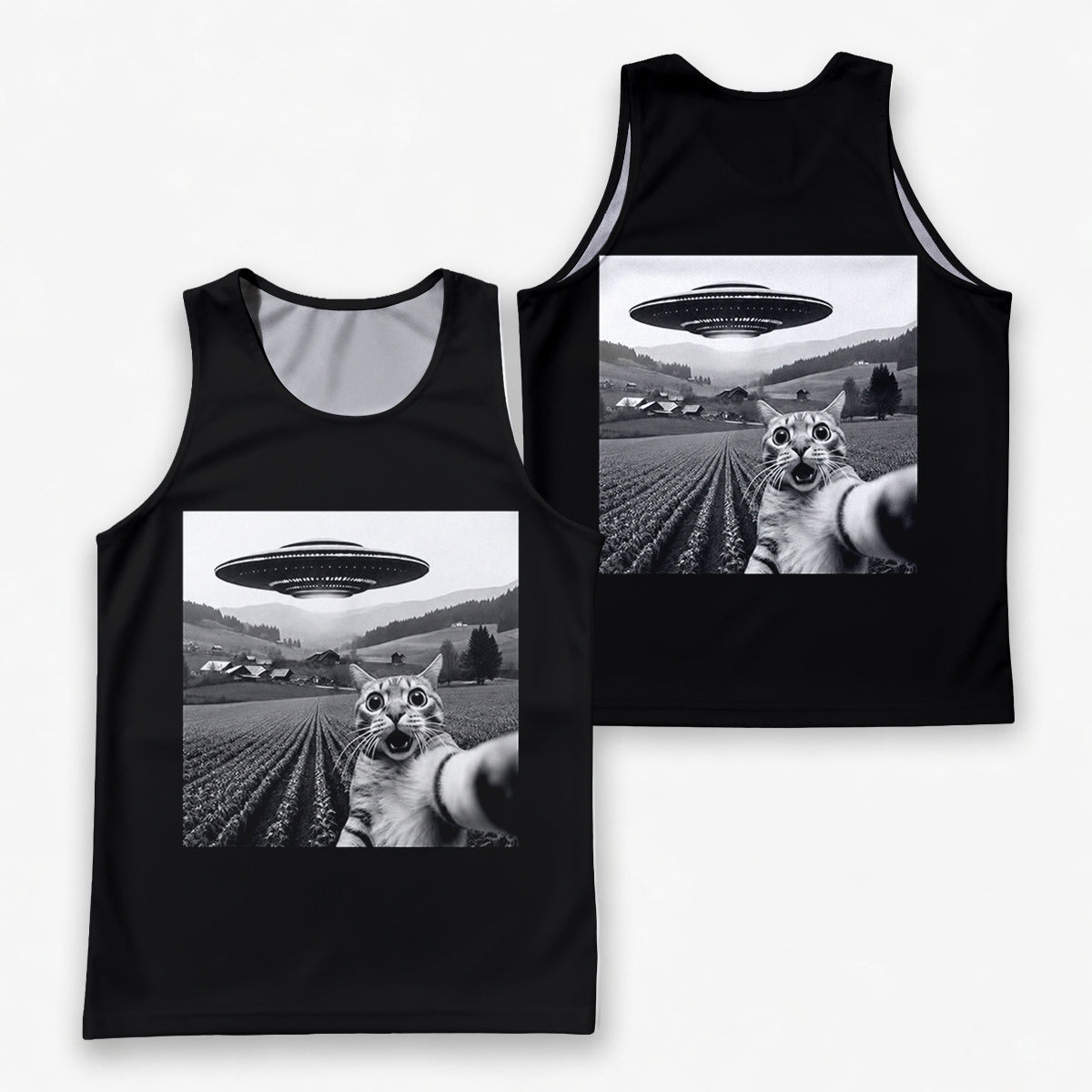Cat Running Tank Top UFO Funny Cat Running Singlet for Men and Women