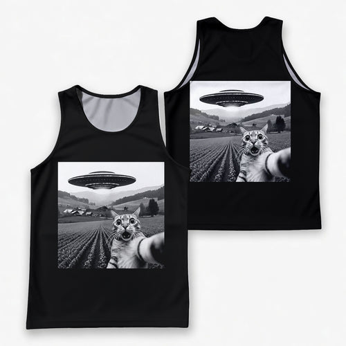 Cat Running Tank Top UFO Funny Cat Running Singlet for Men and Women