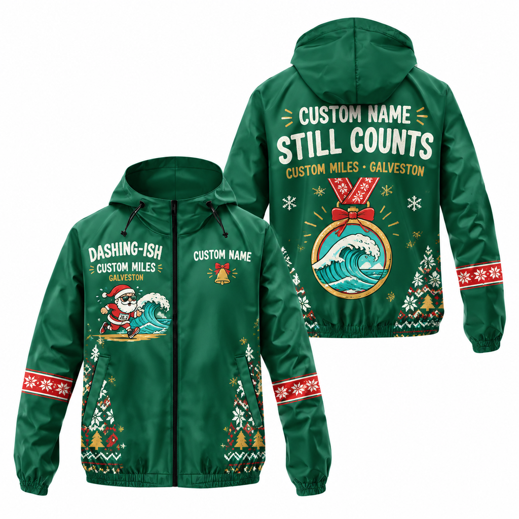 Custom Name Dashing-ish by the Gulf Santa Hustle Galveston Running Windbreaker Jacket
