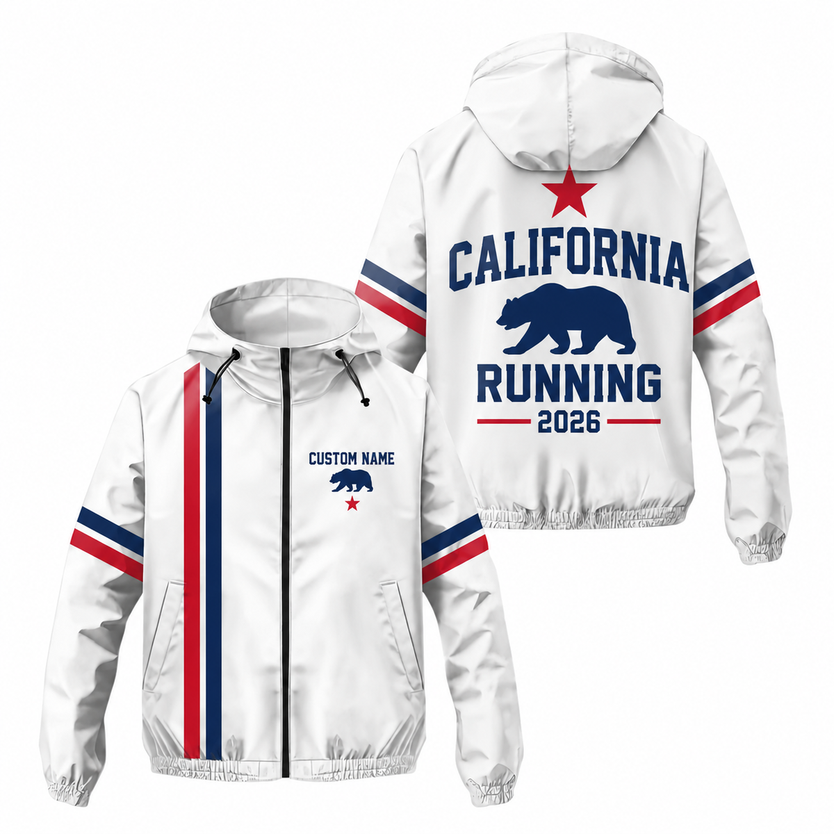 Custom Name California Bear & Star Minimal Running Windbreaker Jacket