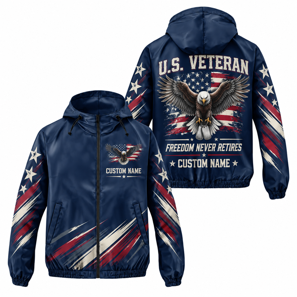 Custom Name Freedom Never Retires Veteran Running Windbreaker Jacket