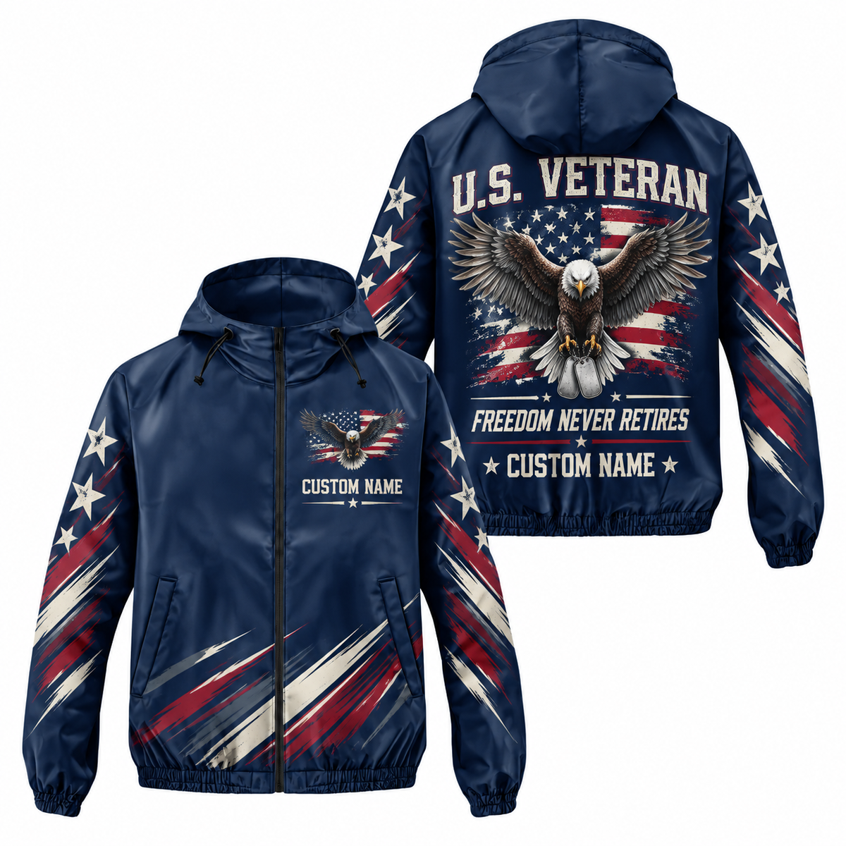 Custom Name Freedom Never Retires Veteran Running Windbreaker Jacket