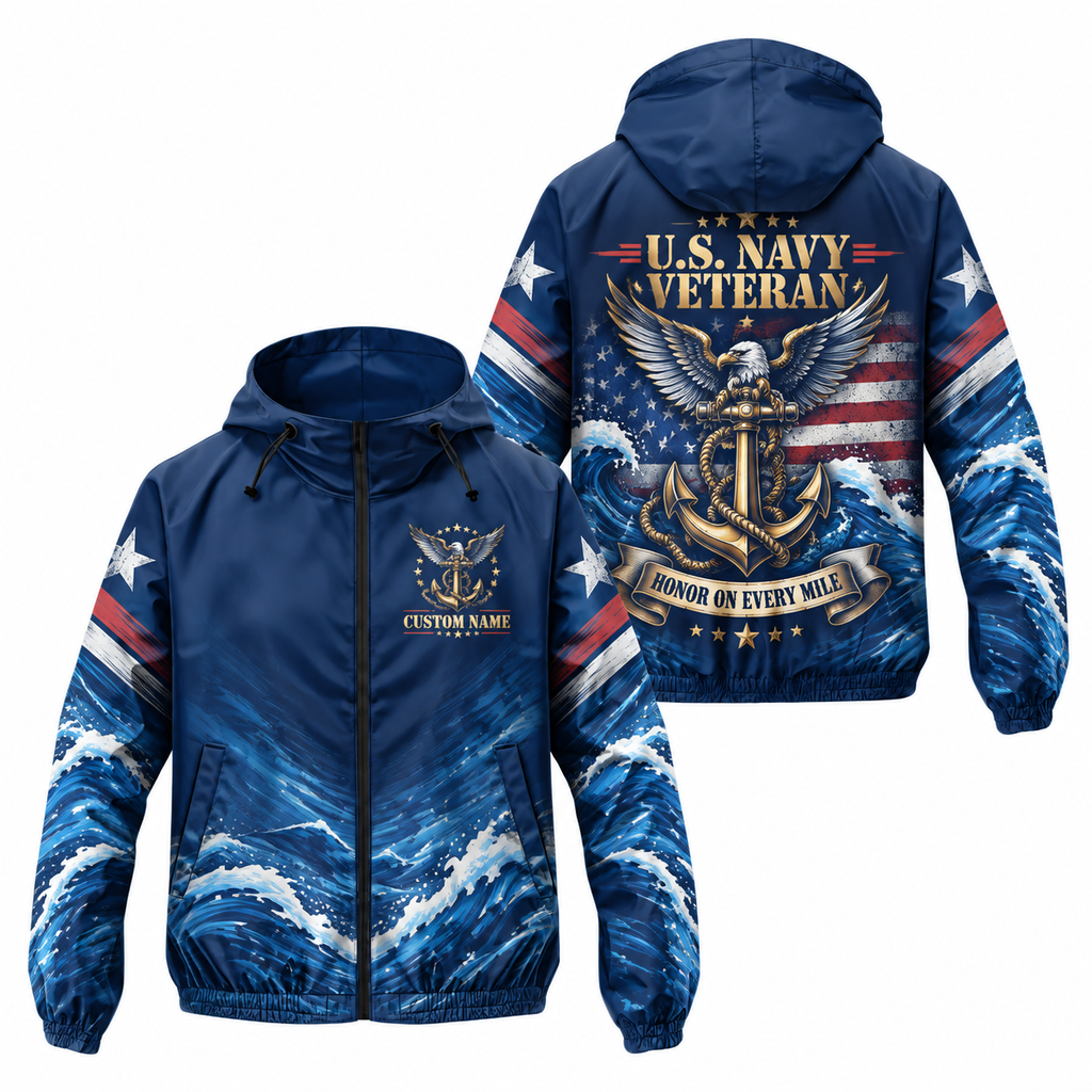 Custom Name Navy Anchor Veteran Running Windbreaker Jacket