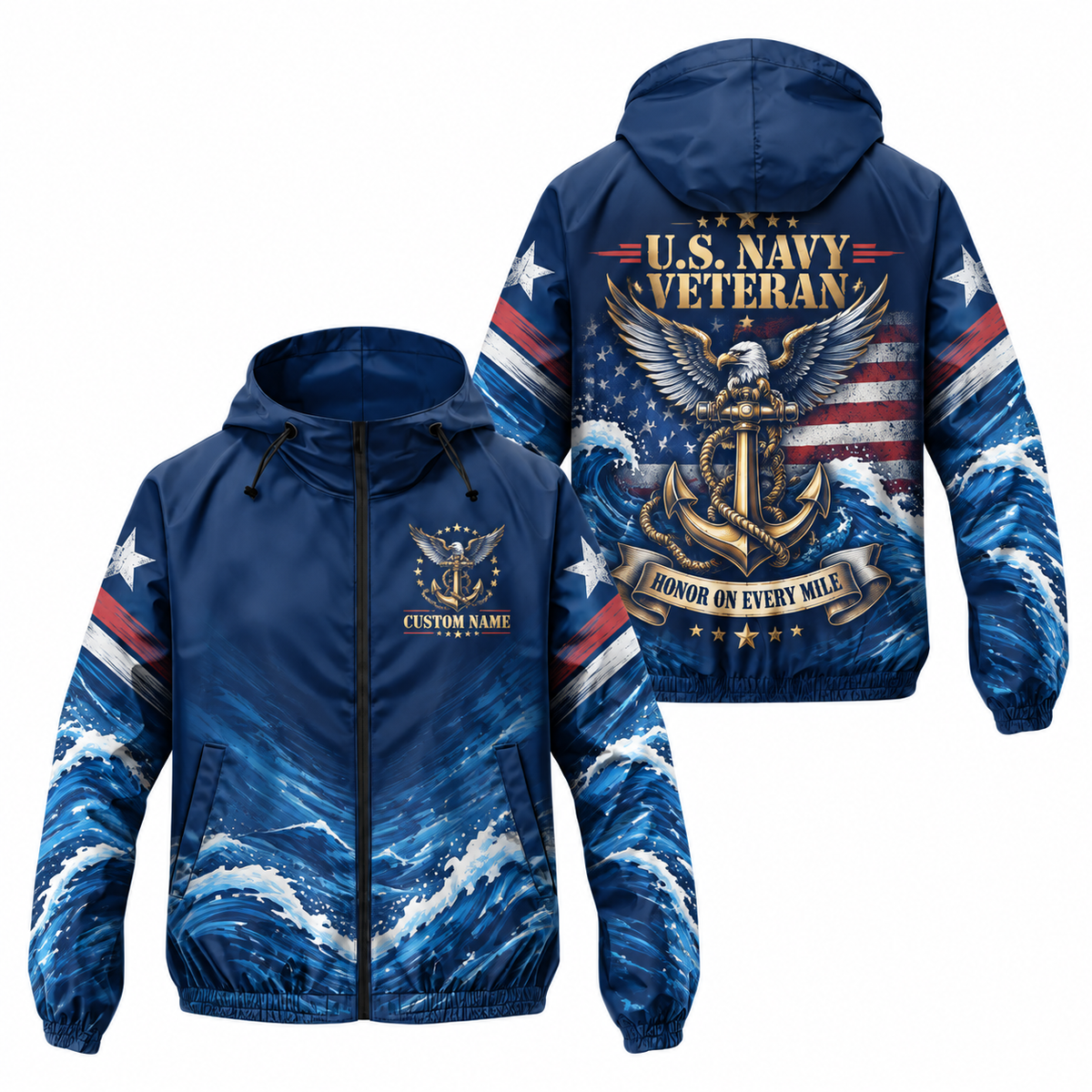 Custom Name Navy Anchor Veteran Running Windbreaker Jacket