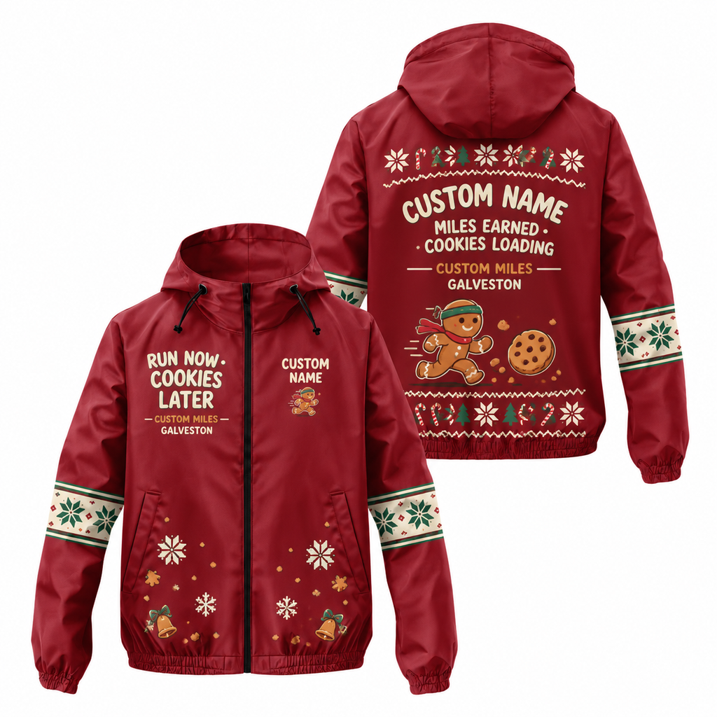 Custom Name Run Now Cookies Later Santa Hustle Galveston Running Windbreaker Jacket