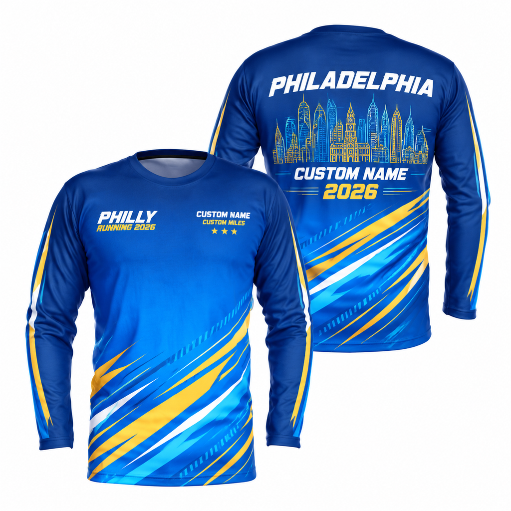 Custom Name Philly Electric Blue Gold Racing Running Long Sleeve Shirt