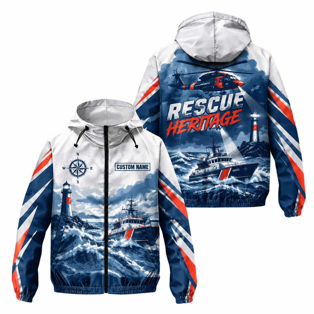 Custom Name Coast Guard Rescue Heritage Running Windbreaker Jacket