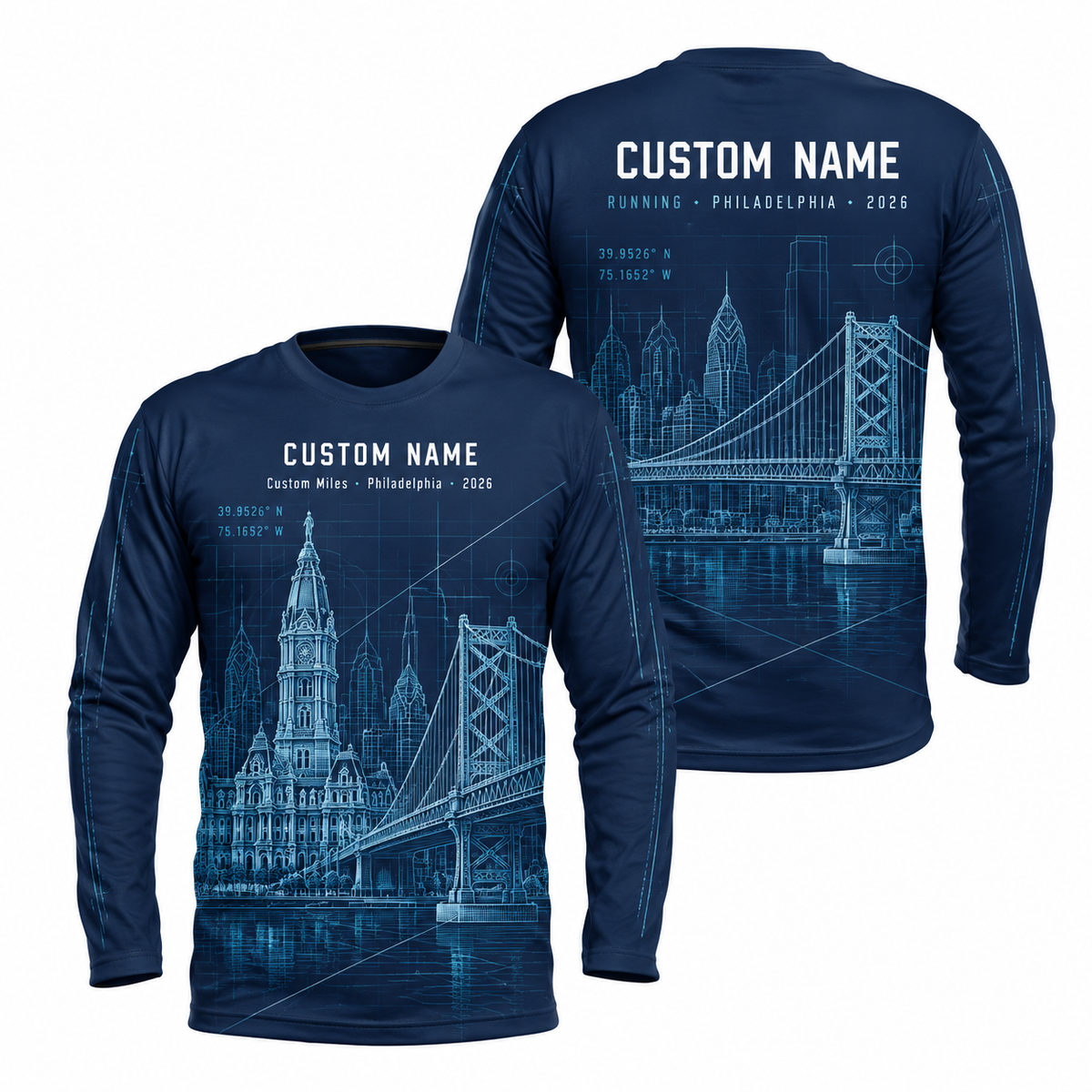Custom Name Philadelphia Blueprint Bridge Running Long Sleeve Shirt