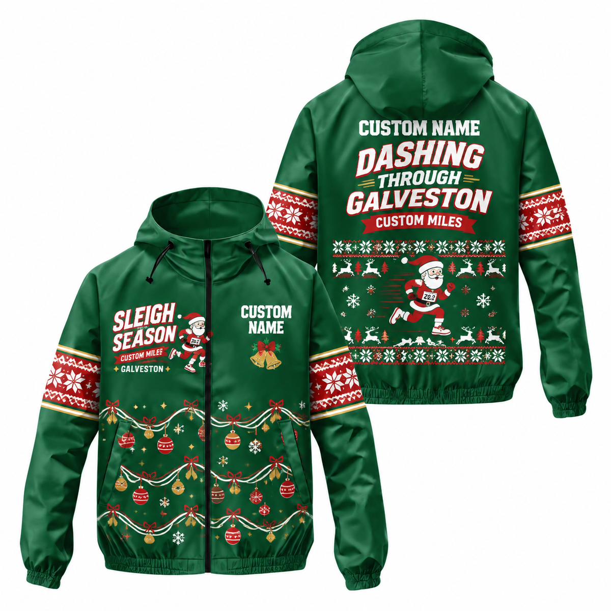 Custom Name Sleigh the Season Santa Hustle Galveston Running Windbreaker Jacket