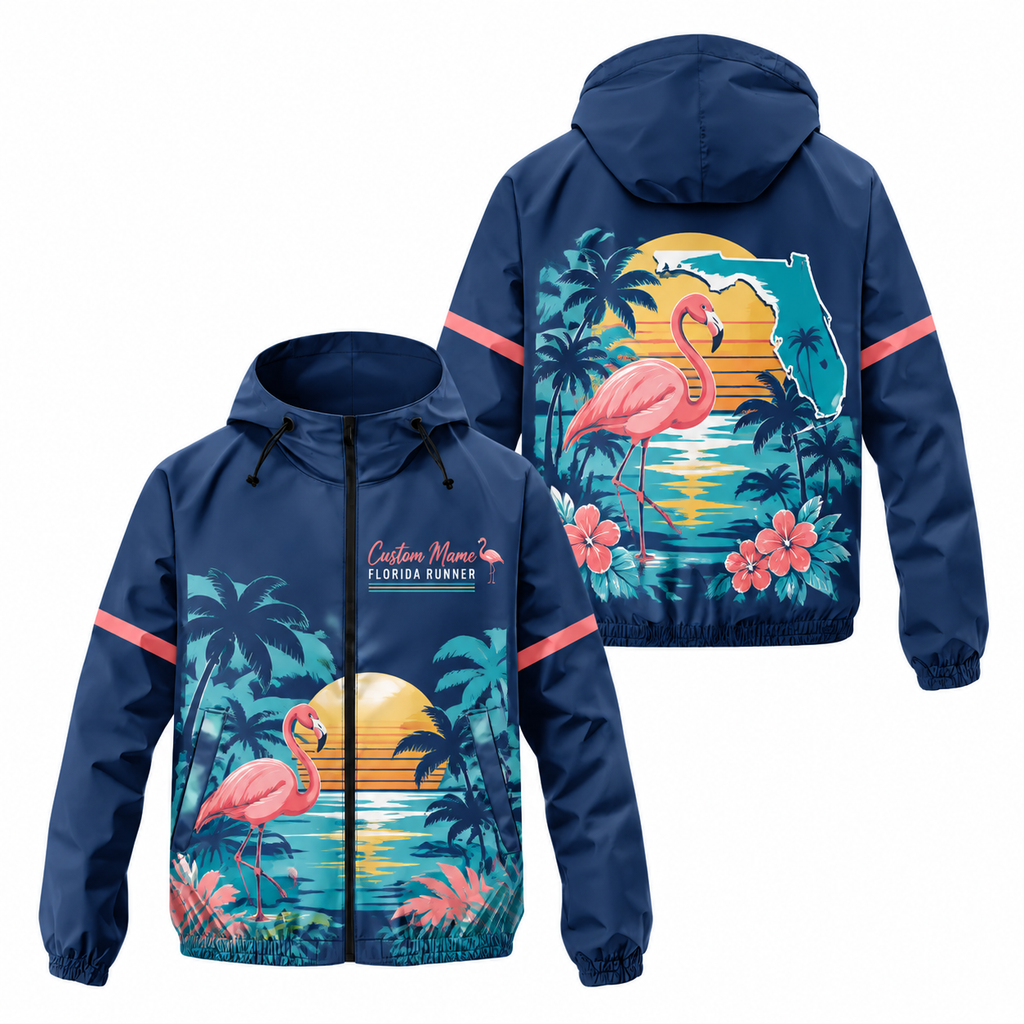 Custom Name Florida Flamingo Runner Florida Running Windbreaker Jacket