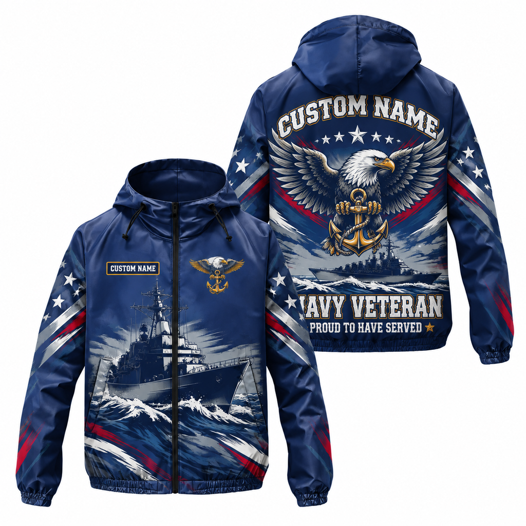 Custom Name Navy Sea Eagle Veteran Running Windbreaker Jacket