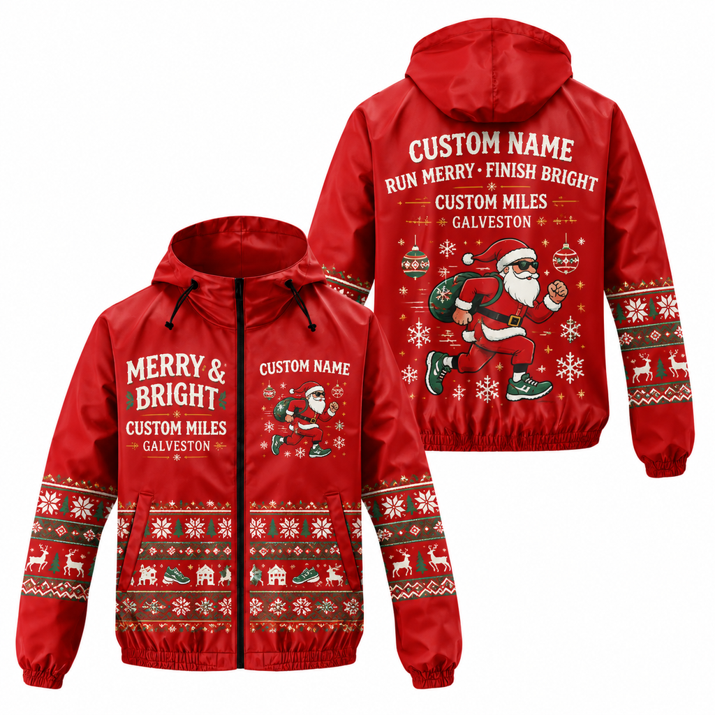 Custom Name Merry & Bright Santa Hustle Galveston Running Windbreaker Jacket