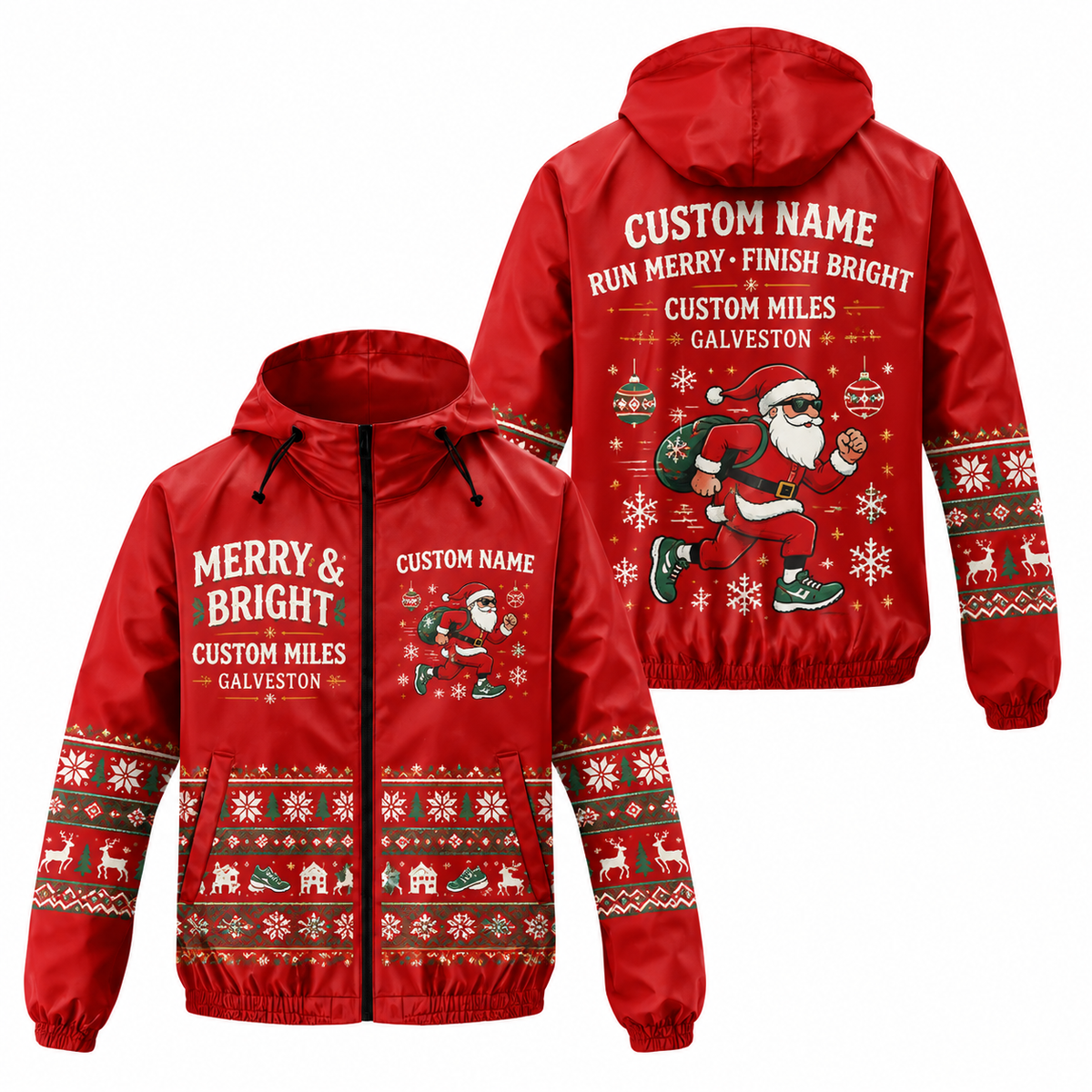 Custom Name Merry & Bright Santa Hustle Galveston Running Windbreaker Jacket