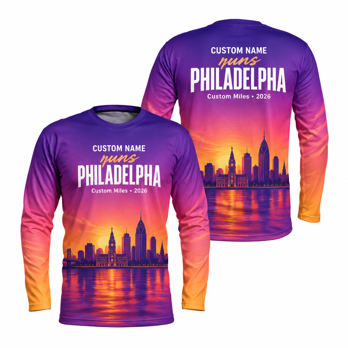 Custom Name Philly Sunset Skyline Running Long Sleeve Shirt
