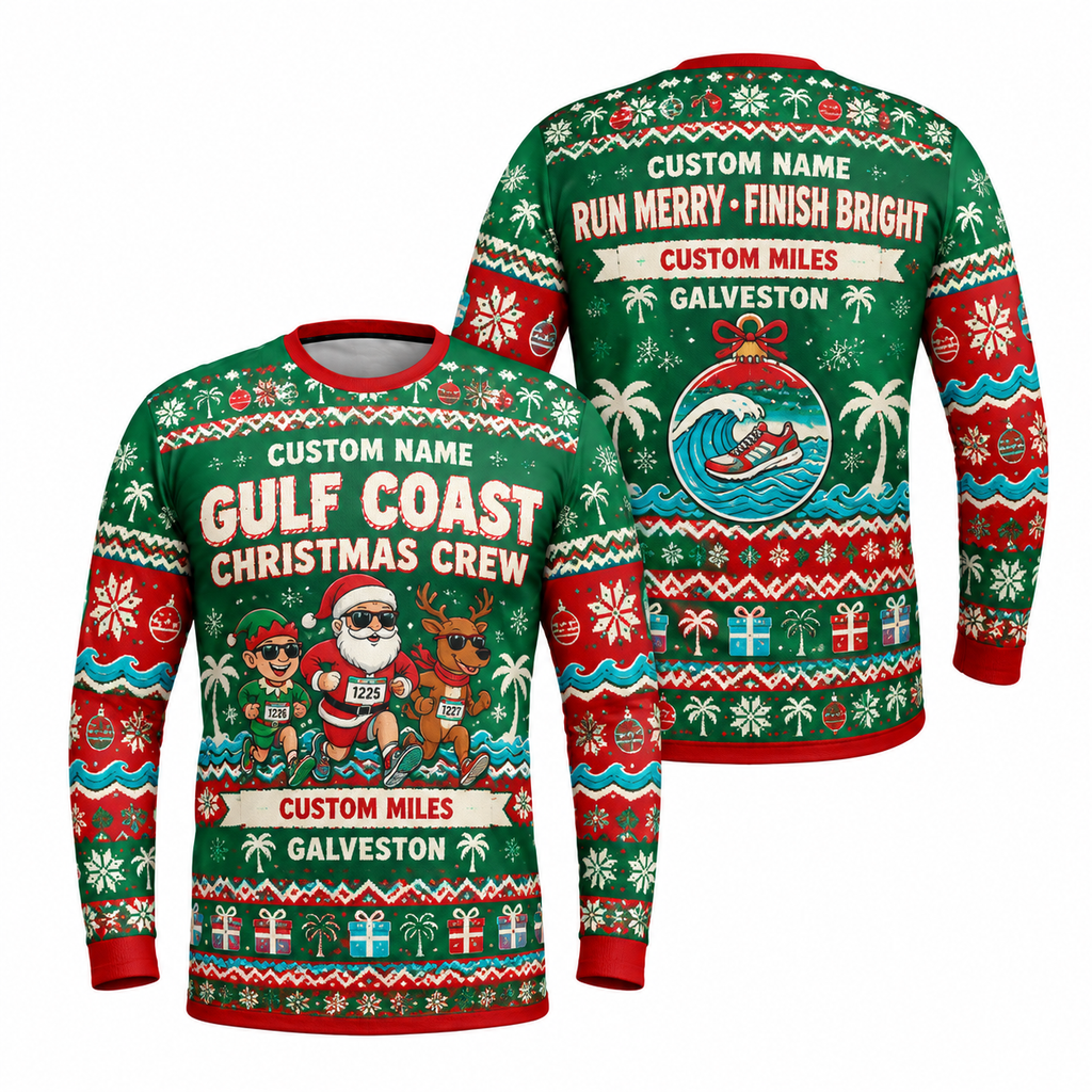 Custom Name Miles Gulf Coast Christmas Crew Santa Hustle Galveston Running Long Sleeve Shirt