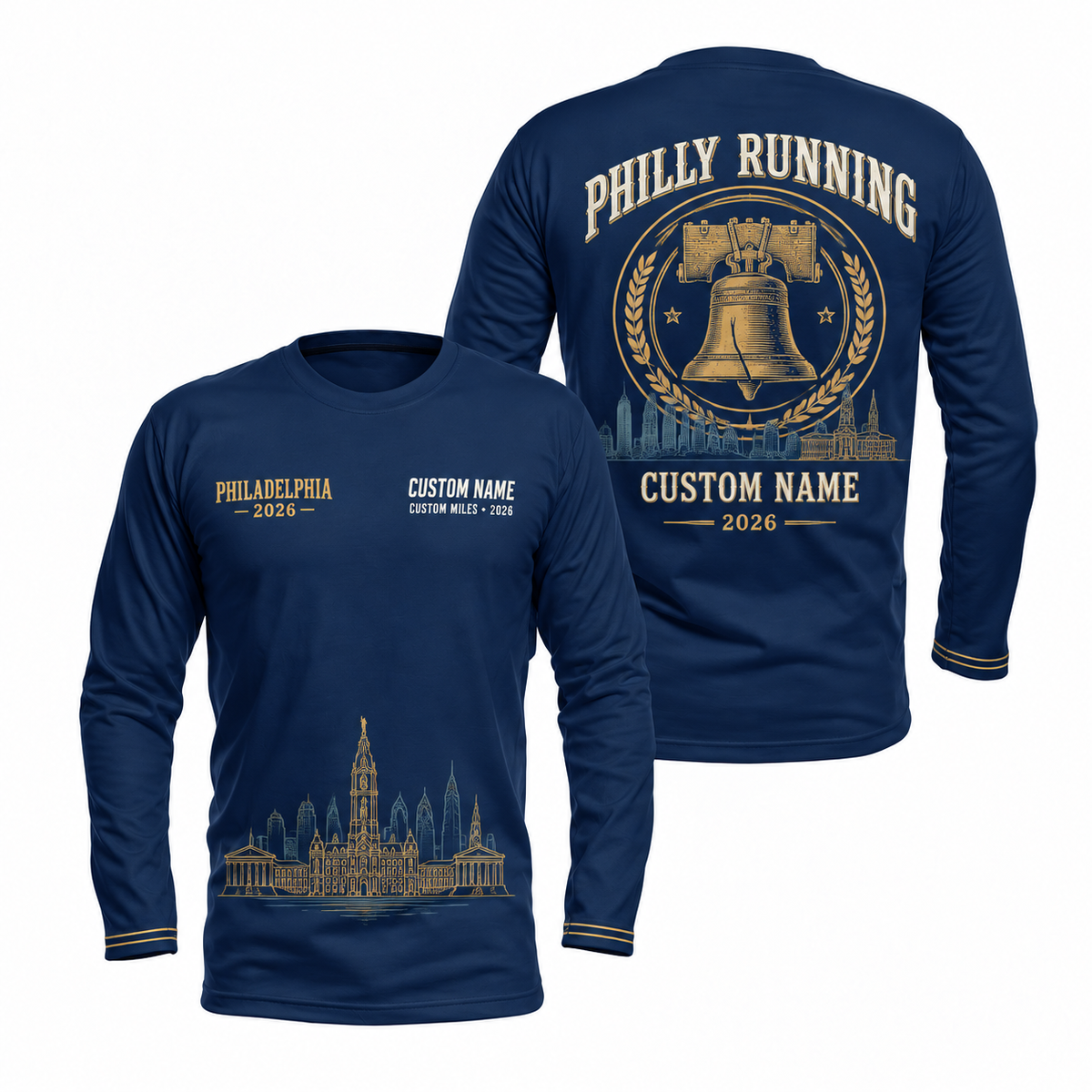 Custom Name Philadelphia Liberty Bell Gold Running Long Sleeve Shirt