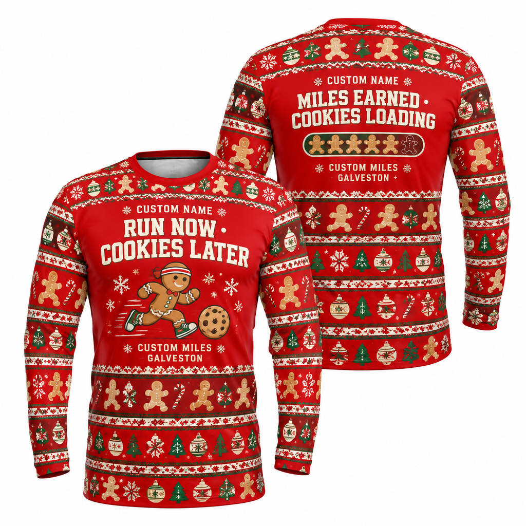 Custom Name Miles Run Now, Cookies Later Santa Hustle Galveston Running Long Sleeve Shirt