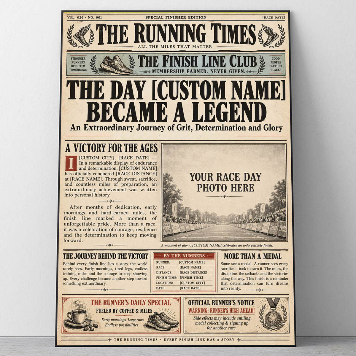 Personalized Vintage Newspaper Marathon Runner Poster