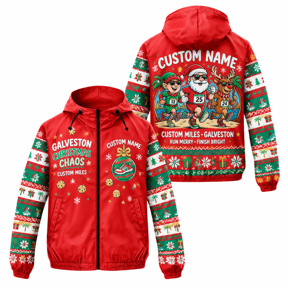 Custom Name Christmas Chaos Santa Hustle Galveston Running Windbreaker Jacket