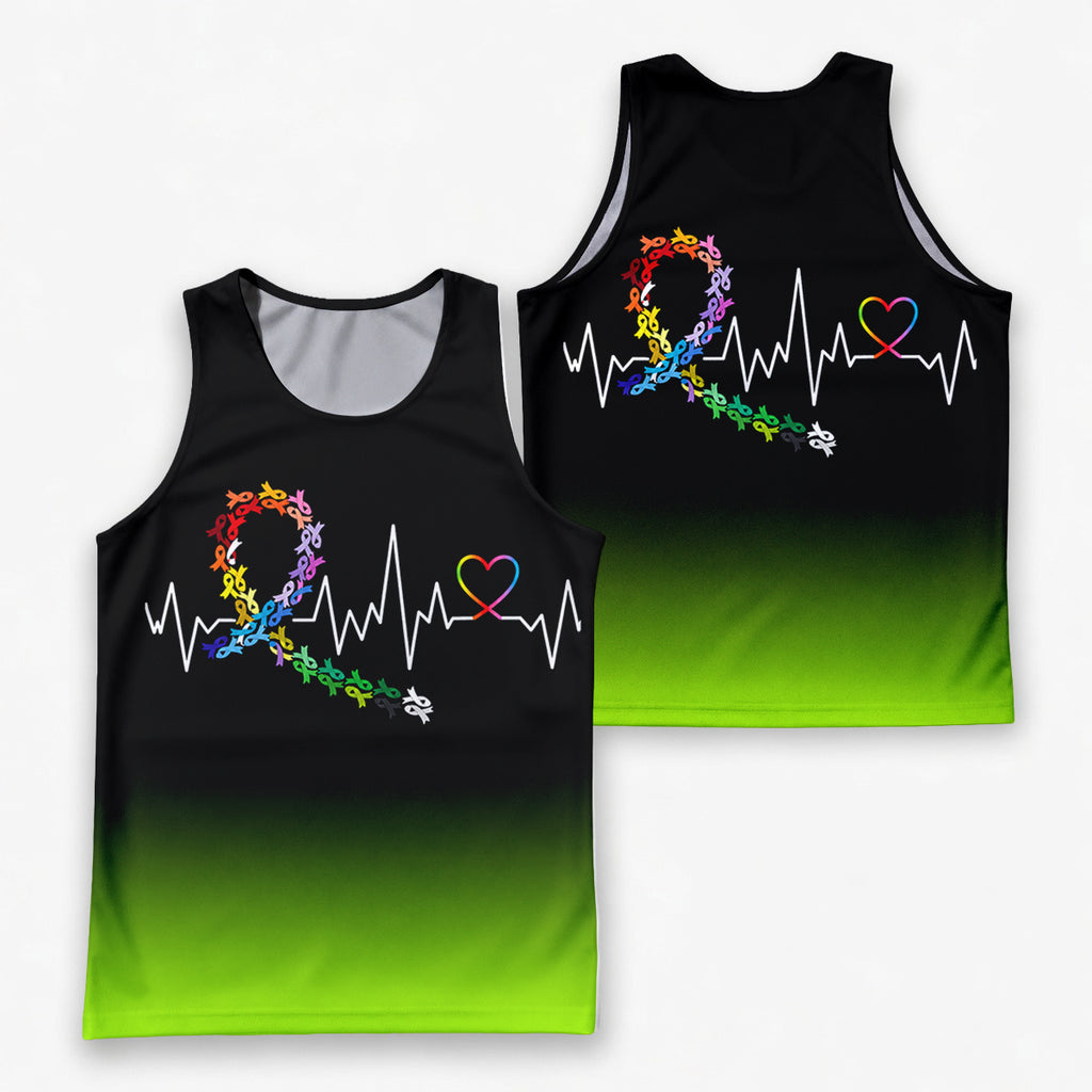 Cancer Fighter Running Tank Top Ribbon Heartbeat Running Singlet for Men and Women