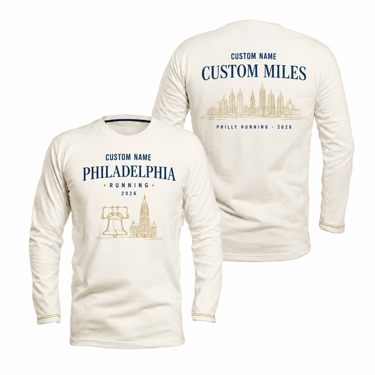 Custom Name Philadelphia Ivory Gold Miles Running Long Sleeve Shirt