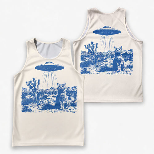 Cat Running Tank Top Alien UFO Cat Running Singlet for Men and Women