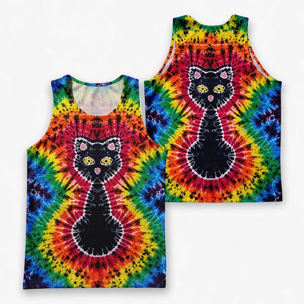 Cat Running Tank Top Tie Dye Black Cat Running Singlet for Men and Women