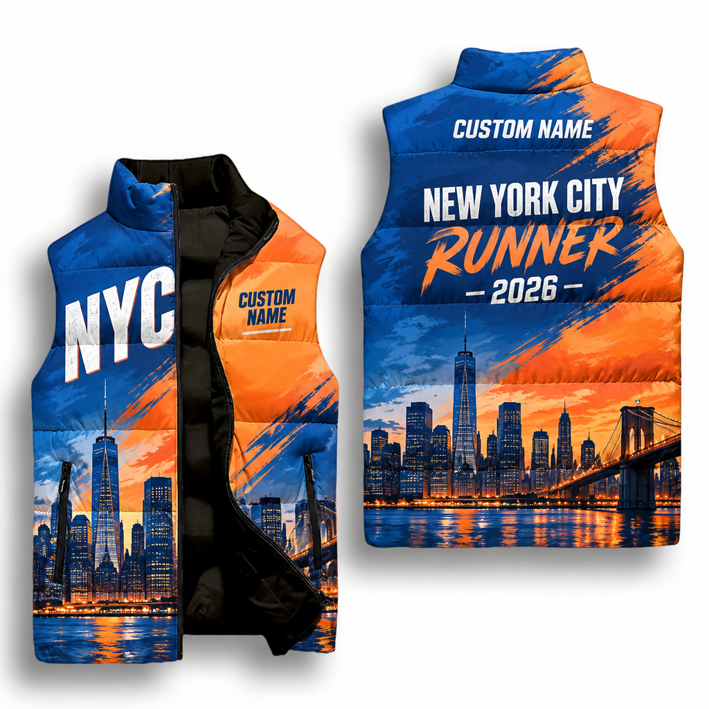 Custom Name Blue Orange Split Skyline Sleeveless Running Puffer Jacket