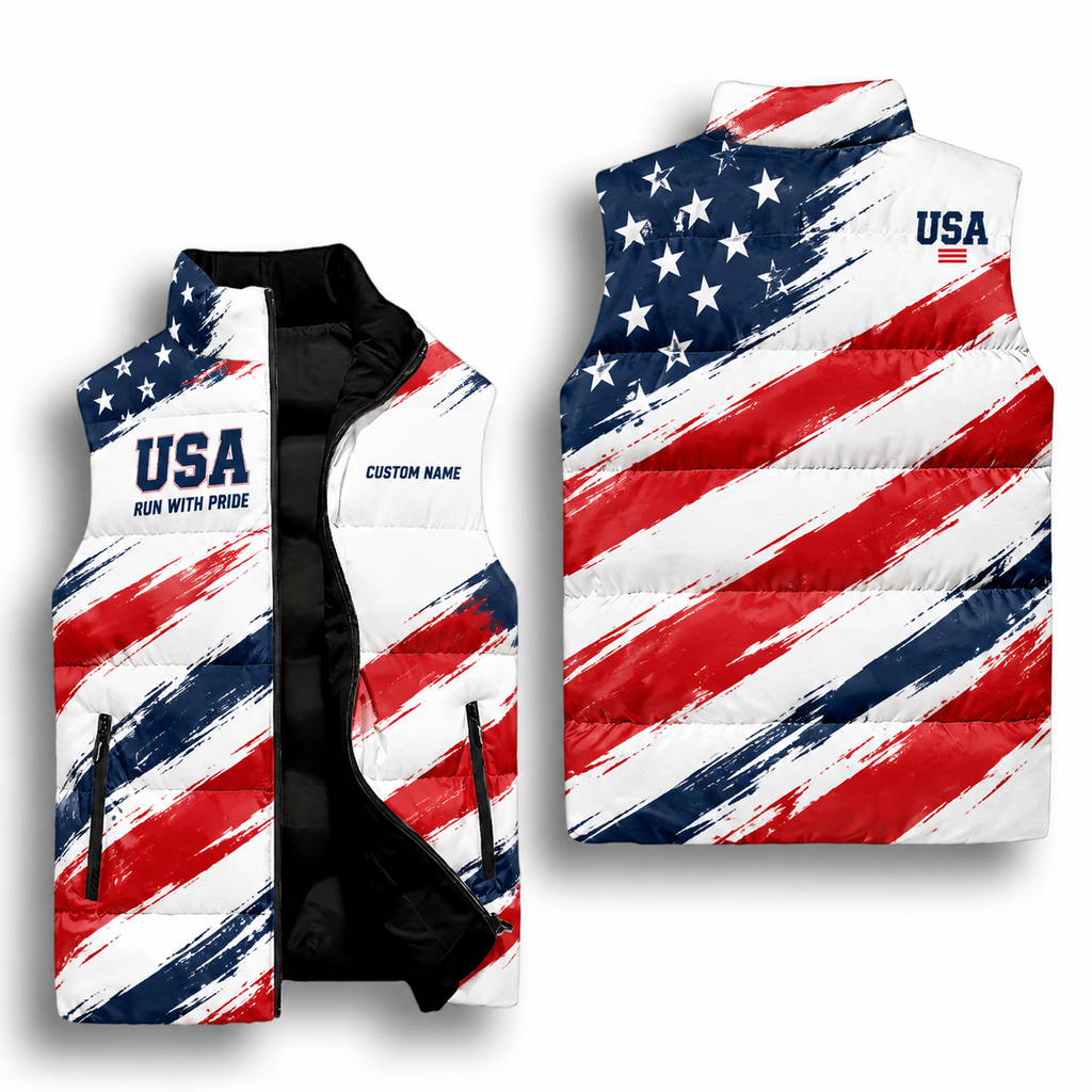 USA Freedom Brush Flag Sleeveless Running Puffer Jacket