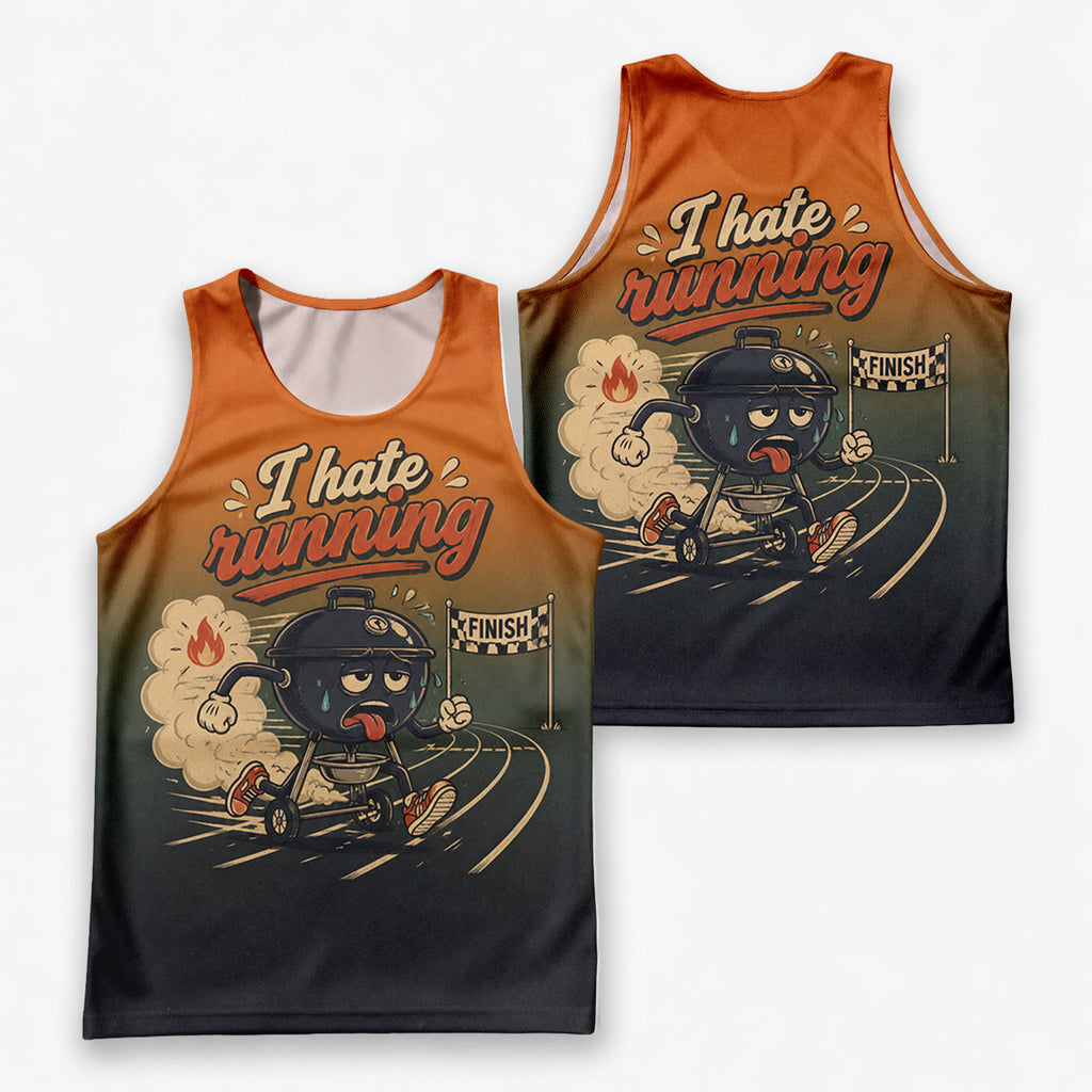 Funny Running Tank Top I Hate Running BBQ Grill Runner Tech Singlet