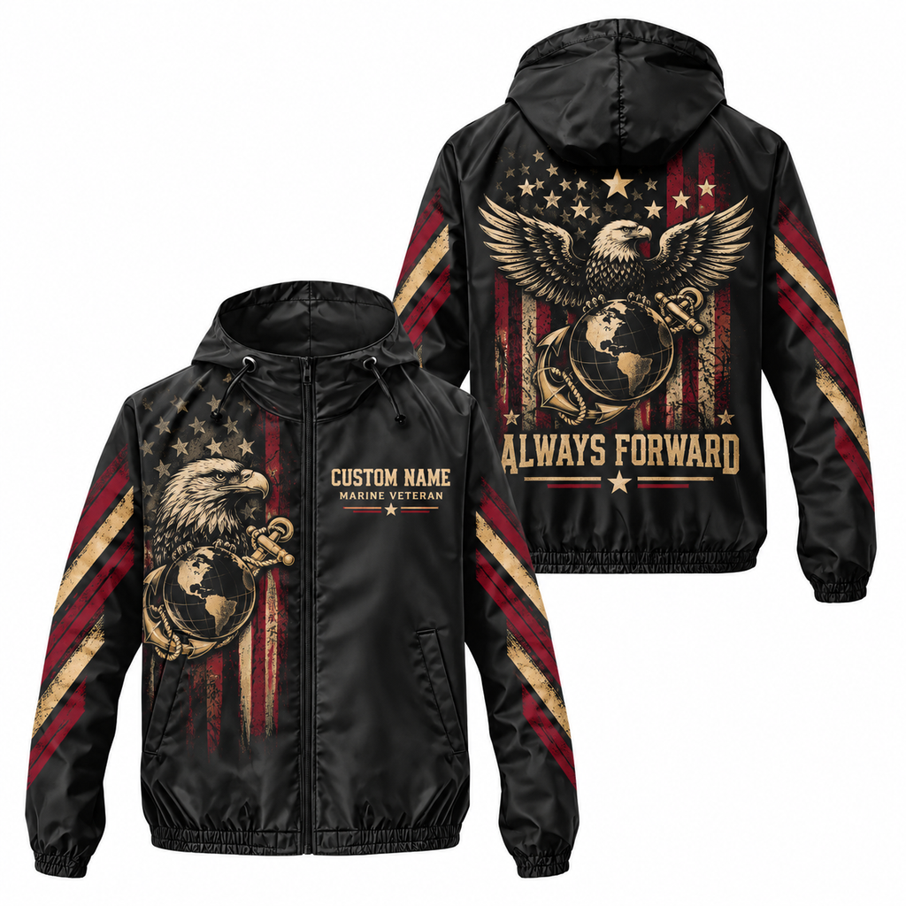 Custom Name Marine Veteran Always Forward Running Windbreaker Jacket