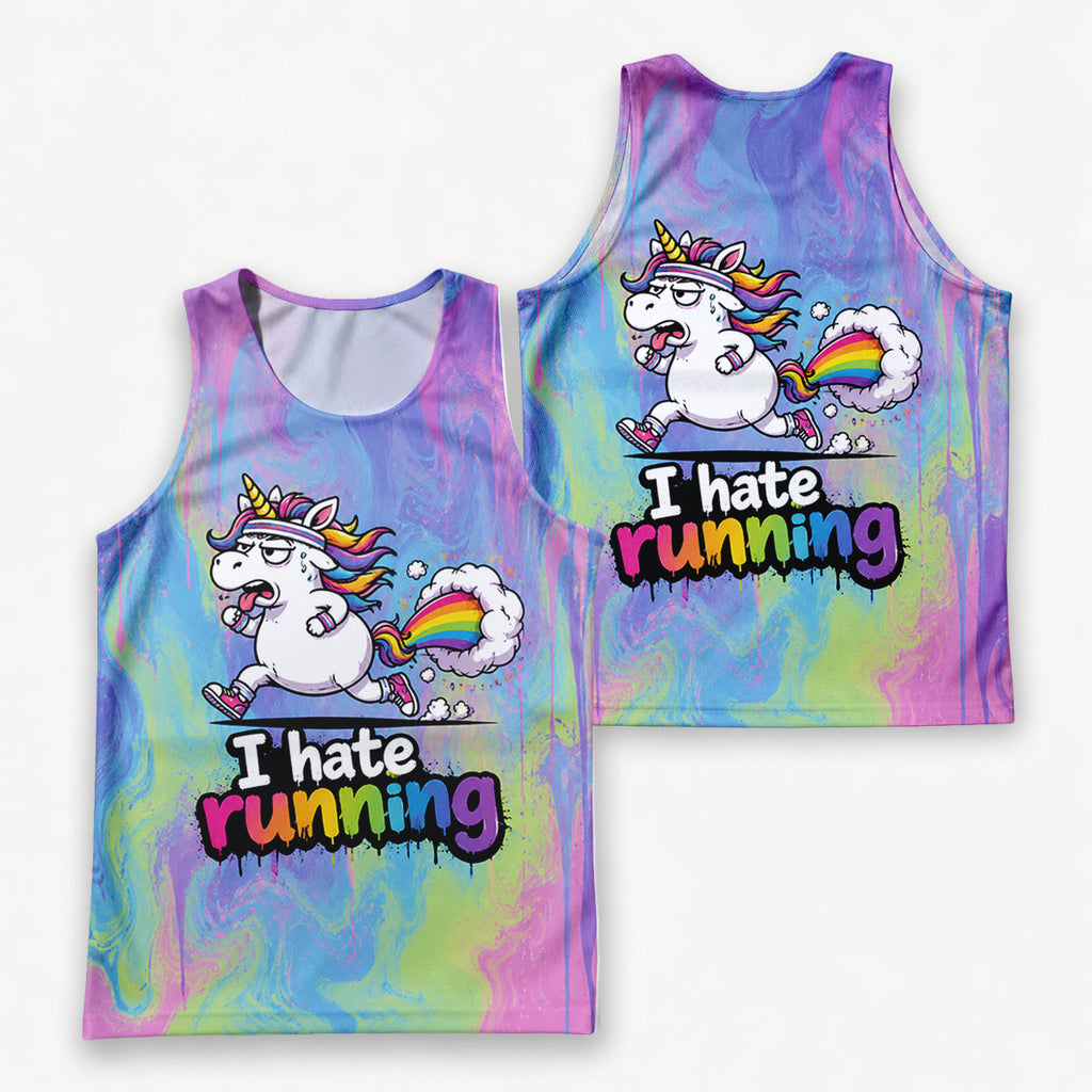 Funny Running Tank Top I Hate Running Unicorn Tech Singlet