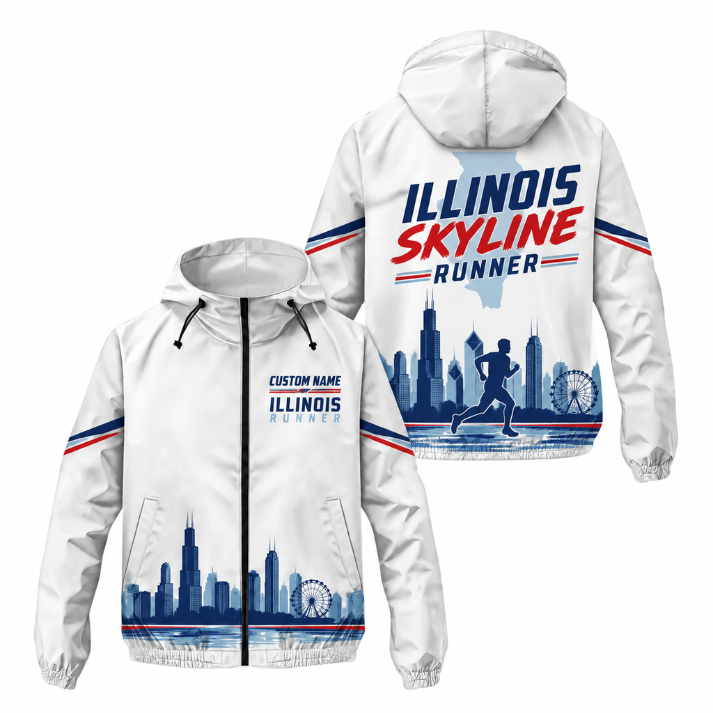 Custom Name Illinois Skyline Runner Illinois Running Windbreaker Jacket