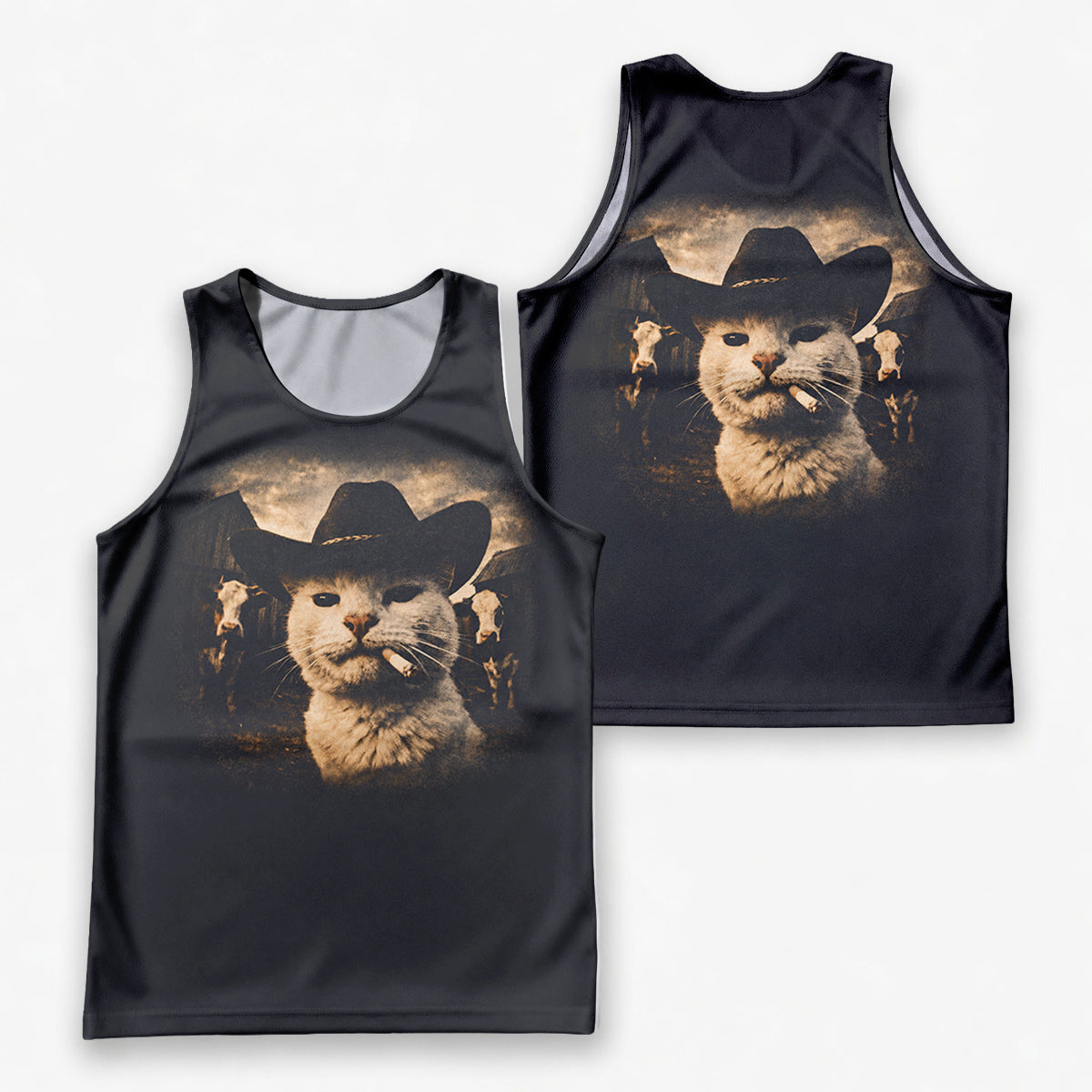 Cat Running Tank Top Funny Cowboy Cat Running Singlet for Men and Women